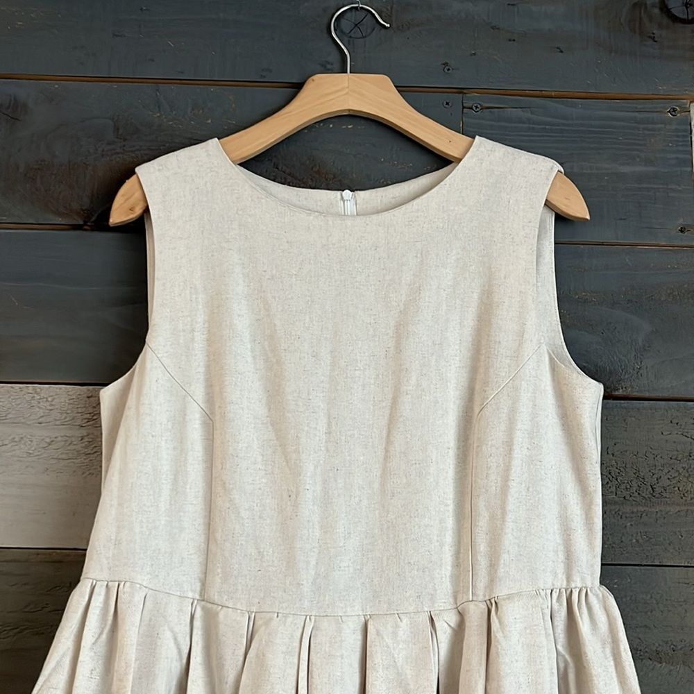 Flax Linen Rayon Blend Sleeveless Pleated Midi Dress L Natural - Picture 2 of 11